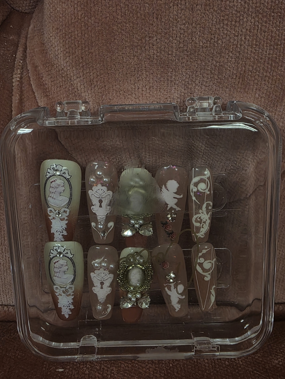 Luxury Nude & Ivory Press-On Nail Set with Cameo Accents